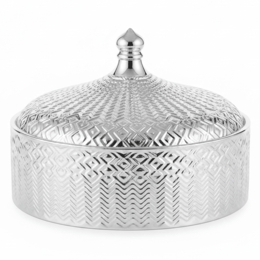 Royal Ceramic Candy Bowl with Lid | Embossed Geometric Design | 18×6 cm | Gold & White,Silver & White | - Al Kabayel Discount CentreRoyal Ceramic Candy Bowl with Lid | Embossed Geometric Design | 18×6 cm | Gold & White,Silver & White |Jars & Food SaversAKDCAl Kabayel Discount Centre