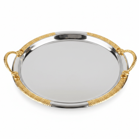 Royal Gold - Rimmed Silver Serving Tray with Braided Gold Handles | 35cm | Premium Hospitality Tableware - Al Kabayel Discount CentreRoyal Gold - Rimmed Silver Serving Tray with Braided Gold Handles | 35cm | Premium Hospitality TablewareServing TraysAKDCAl Kabayel Discount Centre