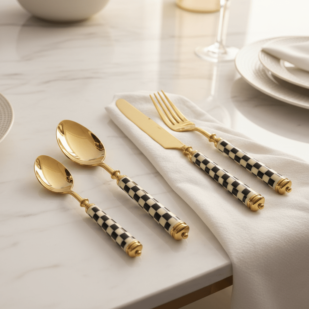 Royal Victoria Gold Cutlery Set with Black & White Handles (24 Pieces) for Luxury Dining Presentation - Al Kabayel Discount CentreRoyal Victoria Gold Cutlery Set with Black & White Handles (24 Pieces) for Luxury Dining PresentationSpatulas And SpoonsROYAL VICTORIAAl Kabayel Discount Centre