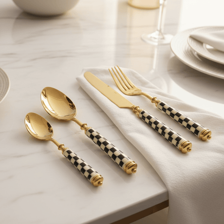 Royal Victoria Gold Cutlery Set with Black & White Handles (24 Pieces) for Luxury Dining Presentation - Al Kabayel Discount CentreRoyal Victoria Gold Cutlery Set with Black & White Handles (24 Pieces) for Luxury Dining PresentationSpatulas And SpoonsROYAL VICTORIAAl Kabayel Discount Centre