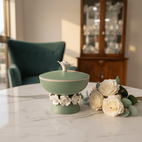 Royal Victoria Green Footed Ceramic Candy Pot with White Flower Design Decorative Jar 10*14cm - Al Kabayel Discount CentreRoyal Victoria Green Footed Ceramic Candy Pot with White Flower Design Decorative Jar 10*14cmJars & Food SaversROYAL VICTORIAAl Kabayel Discount Centre