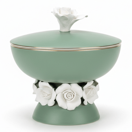 Royal Victoria Green Footed Ceramic Candy Pot with White Flower Design Decorative Jar 10*14cm - Al Kabayel Discount CentreRoyal Victoria Green Footed Ceramic Candy Pot with White Flower Design Decorative Jar 10*14cmJars & Food SaversROYAL VICTORIAAl Kabayel Discount Centre