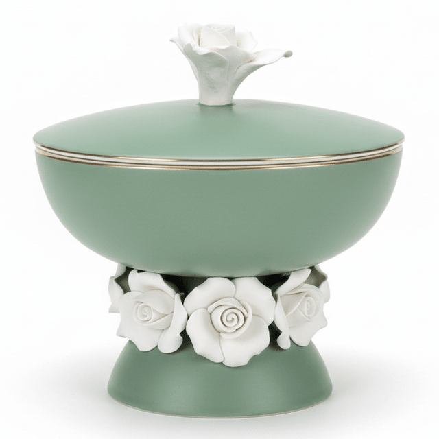 Royal Victoria Green Footed Ceramic Candy Pot with White Flower Design Decorative Jar 10*14cm - Al Kabayel Discount CentreRoyal Victoria Green Footed Ceramic Candy Pot with White Flower Design Decorative Jar 10*14cmJars & Food SaversROYAL VICTORIAAl Kabayel Discount Centre
