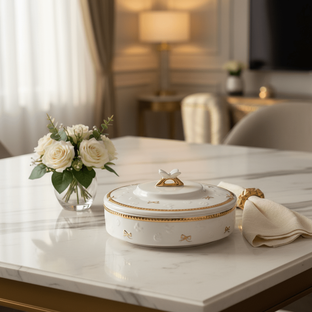 Royal Victoria Luxe White & Gold Ceramic Candy Box with Lid Decorative Storage Container 25×6cm - Al Kabayel Discount CentreRoyal Victoria Luxe White & Gold Ceramic Candy Box with Lid Decorative Storage Container 25×6cmJars & Food SaversROYAL VICTORIAAl Kabayel Discount Centre