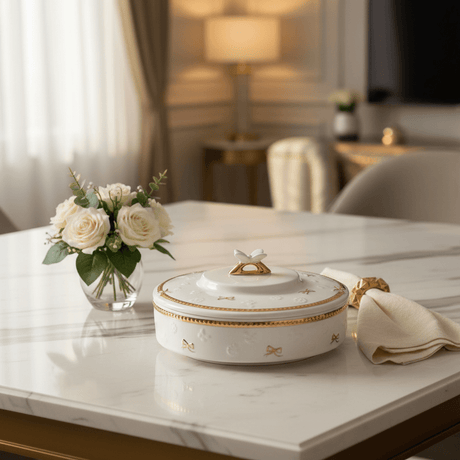 Royal Victoria Luxe White & Gold Ceramic Candy Box with Lid Decorative Storage Container 25×6cm - Al Kabayel Discount CentreRoyal Victoria Luxe White & Gold Ceramic Candy Box with Lid Decorative Storage Container 25×6cmJars & Food SaversROYAL VICTORIAAl Kabayel Discount Centre