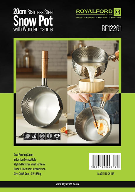 Royalford 20cm Stainless Steel Snow Pot - RF12261 Stylish Design with Hammered Mesh Pattern and Wooden Handle - Al Kabayel Discount CentreRoyalford 20cm Stainless Steel Snow Pot - RF12261 Stylish Design with Hammered Mesh Pattern and Wooden HandleFrying Pans & SkilletsROYALFORDAl Kabayel Discount Centre