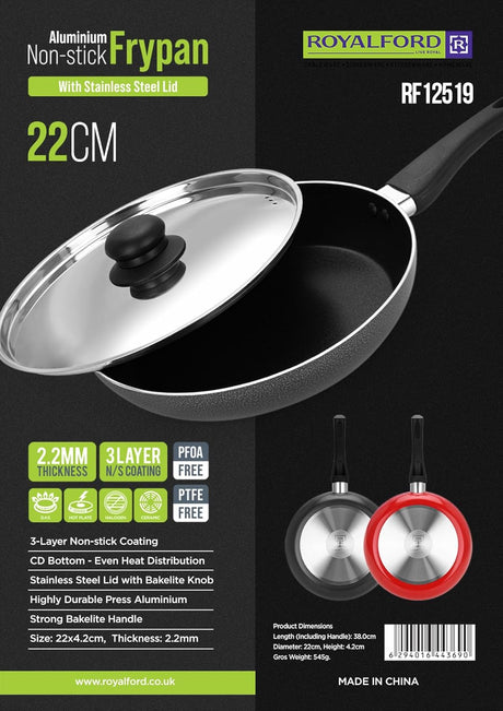 Royalford 22cm Aluminum Nonstick Frypan with Stainless Steel Lid RF12519 Strong Body with 3 Layer Coating and Heat Resistant Bakelite Handle Perfect for Frying, Sauting, Tempering/Red - Al Kabayel Discount CentreRoyalford 22cm Aluminum Nonstick Frypan with Stainless Steel Lid RF12519 Strong Body with 3 Layer Coating and Heat Resistant Bakelite Handle Perfect for Frying, Sauting, Tempering/RedFrying Pans & SkilletsROYALFORDAl Kabayel Discount Centre