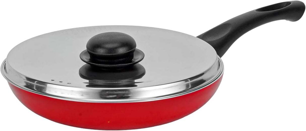 Royalford 22cm Aluminum Nonstick Frypan with Stainless Steel Lid RF12519 Strong Body with 3 Layer Coating and Heat Resistant Bakelite Handle Perfect for Frying, Sauting, Tempering/Red - Al Kabayel Discount CentreRoyalford 22cm Aluminum Nonstick Frypan with Stainless Steel Lid RF12519 Strong Body with 3 Layer Coating and Heat Resistant Bakelite Handle Perfect for Frying, Sauting, Tempering/RedFrying Pans & SkilletsROYALFORDAl Kabayel Discount Centre