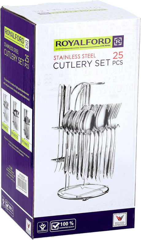 Royalford 24 - Piece Stainless Steel Cutlery Set with Display Stand (RF7009) - Al Kabayel Discount CentreRoyalford 24 - Piece Stainless Steel Cutlery Set with Display Stand (RF7009)Kitchen Utensils & GadgetsROYALFORDAl Kabayel Discount Centre