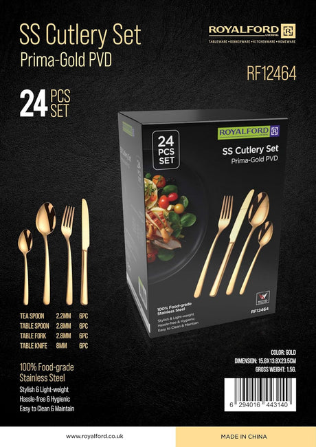 Royalford 24Pcs Gold Silverware Cutlery Set RF12464 Stainless Steel Flatware Kitchen Utensil Western Tableware for Home Restaurant Office Party Forks Spoons and Knife Polished Finished Dishwasher Safe - Al Kabayel Discount CentreRoyalford 24Pcs Gold Silverware Cutlery Set RF12464 Stainless Steel Flatware Kitchen Utensil Western Tableware for Home Restaurant Office Party Forks Spoons and Knife Polished Finished Dishwasher SafeKitchen Utensils & GadgetsROYALFORDAl Kabayel Discount Centre