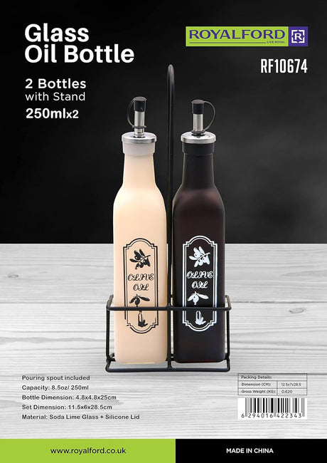 Royalford 2pc Glass Bottle with Stand 250ml+250ml, RF10674 - Al Kabayel Discount CentreRoyalford 2pc Glass Bottle with Stand 250ml+250ml, RF10674Cookware AccessoriesROYALFORDAl Kabayel Discount Centre
