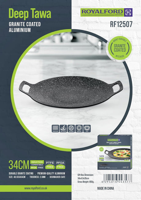Royalford 34cm Deep Tawa Aluminum Body with Granite Non - Stick Coating, RF12507 - Al Kabayel Discount CentreRoyalford 34cm Deep Tawa Aluminum Body with Granite Non - Stick Coating, RF12507Frying Pans & SkilletsROYALFORDAl Kabayel Discount Centre