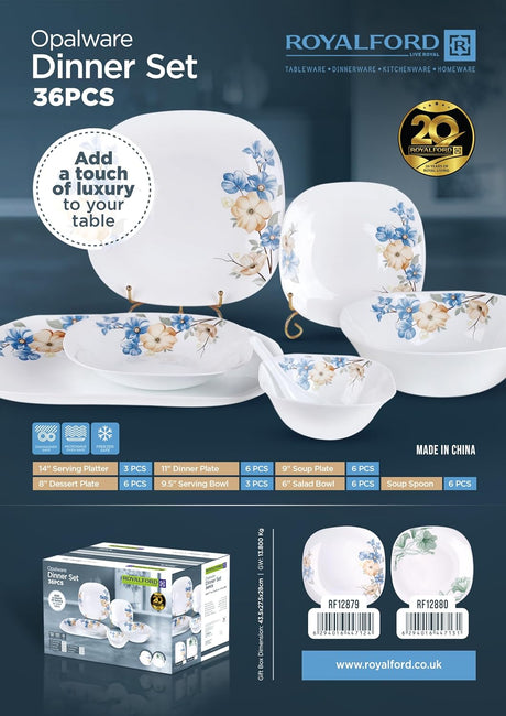 Royalford 36pcs Opalware Dinner Set Square, Includes Serving Platters, Dinner, Soup and Desserts Plates, Side Bowls and Spoons Dishwasher - Safe, Freezer and Microwave Safe, RF12880 - Al Kabayel Discount CentreRoyalford 36pcs Opalware Dinner Set Square, Includes Serving Platters, Dinner, Soup and Desserts Plates, Side Bowls and Spoons Dishwasher - Safe, Freezer and Microwave Safe, RF12880Dinnerware SetsROYALFORDAl Kabayel Discount Centre