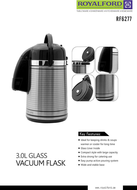 Royalford 3L Vacuum Flask - Heat Insulated Thermos for Keeping Hot/Cold Long Hour Heat/Cold Retention, Multi - Walled, Hot Water, Tea, Beverage | Ideal for Social Occasion, Commercial & Outings - Al Kabayel Discount CentreRoyalford 3L Vacuum Flask - Heat Insulated Thermos for Keeping Hot/Cold Long Hour Heat/Cold Retention, Multi - Walled, Hot Water, Tea, Beverage | Ideal for Social Occasion, Commercial & OutingsThermosROYALFORDAl Kabayel Discount Centre