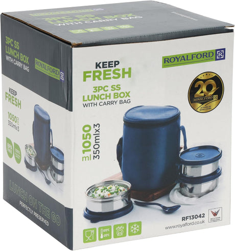 Royalford 3pcs Stainless Steel Lunch Box with Carry Bag RF13042 Insulated Construction 350ml each BPA - Free, Airtight Silicone Lids to Keep Food Fresh Spoon Included - Al Kabayel Discount CentreRoyalford 3pcs Stainless Steel Lunch Box with Carry Bag RF13042 Insulated Construction 350ml each BPA - Free, Airtight Silicone Lids to Keep Food Fresh Spoon IncludedLunch BoxROYALFORDAl Kabayel Discount Centre