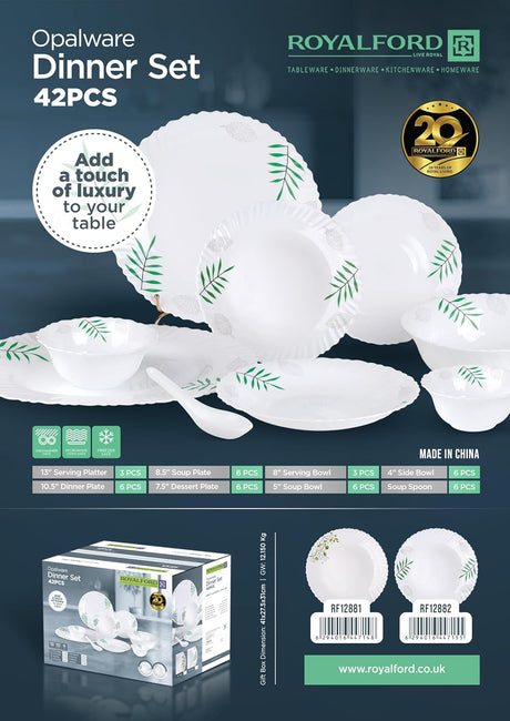 Royalford 42pcs Opalware Dinner Set Includes Serving Platters, Dinner, Soup and Desserts Plates, Side Bowls and Spoons Dishwasher - Safe, Freezer and Microwave Safe, RF12882 - Al Kabayel Discount CentreRoyalford 42pcs Opalware Dinner Set Includes Serving Platters, Dinner, Soup and Desserts Plates, Side Bowls and Spoons Dishwasher - Safe, Freezer and Microwave Safe, RF12882Dinnerware SetsROYALFORDAl Kabayel Discount Centre