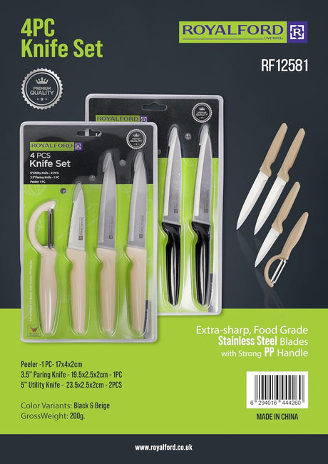 Royalford 4pcs Knife Set, 5" Utility Knife - 2pc, 3.5" Paring Knife - 1pc, 1pc Peeler, RF12581 - Al Kabayel Discount CentreRoyalford 4pcs Knife Set, 5" Utility Knife - 2pc, 3.5" Paring Knife - 1pc, 1pc Peeler, RF12581Cookware AccessoriesROYALFORDAl Kabayel Discount Centre