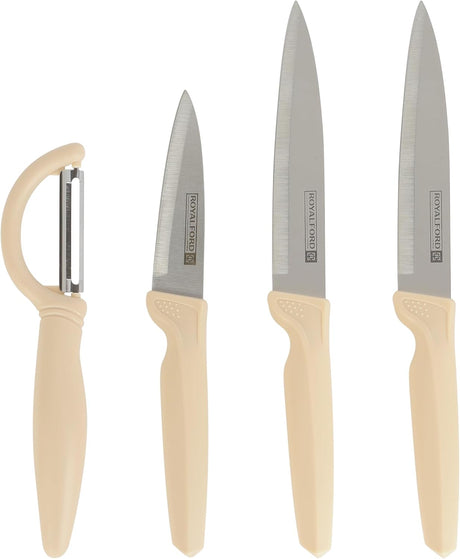Royalford 4pcs Knife Set, 5" Utility Knife - 2pc, 3.5" Paring Knife - 1pc, 1pc Peeler, RF12581 - Al Kabayel Discount CentreRoyalford 4pcs Knife Set, 5" Utility Knife - 2pc, 3.5" Paring Knife - 1pc, 1pc Peeler, RF12581Cookware AccessoriesROYALFORDAl Kabayel Discount Centre