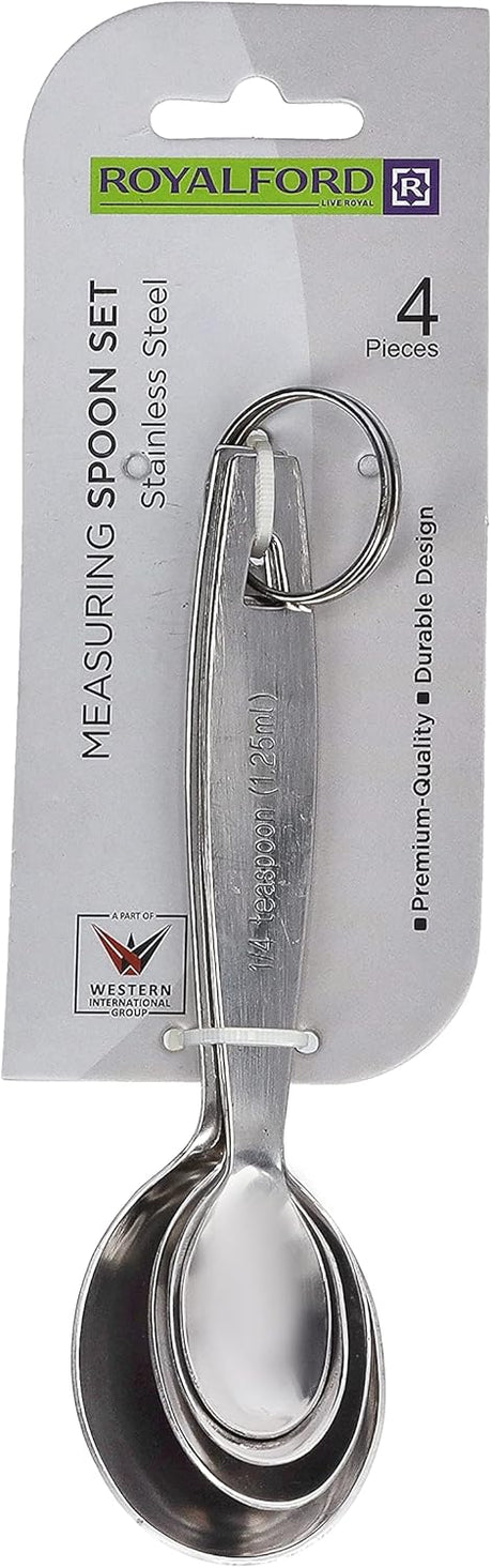 ROYALFORD 4pcs Stainless Steel Measuring Oval Spoon Set(1.25ml, 2.5ml, 5ml, 15ml) - RF10064 - Al Kabayel Discount CentreROYALFORD 4pcs Stainless Steel Measuring Oval Spoon Set(1.25ml, 2.5ml, 5ml, 15ml) - RF10064Cookware AccessoriesROYALFORDAl Kabayel Discount Centre