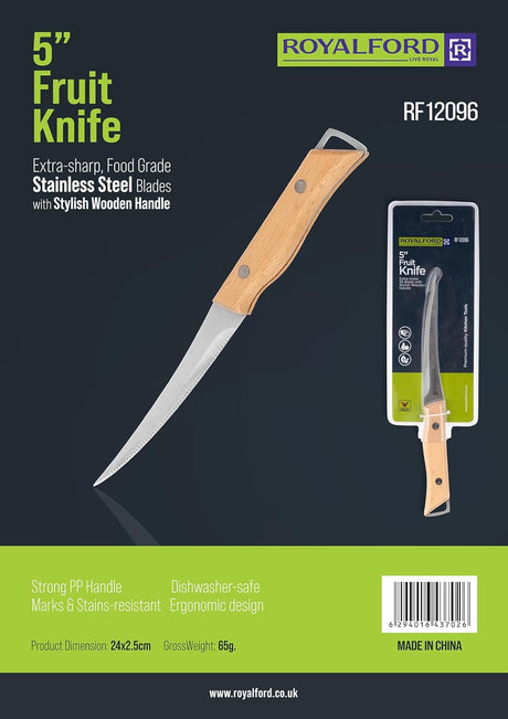 Royalford 5" Fruit Knife RF12096 Stainless Steel with Stylish Wooden Handle Food Grade Blade Dishwasher Safe - Al Kabayel Discount CentreRoyalford 5" Fruit Knife RF12096 Stainless Steel with Stylish Wooden Handle Food Grade Blade Dishwasher SafeKitchen Utensils & GadgetsROYALFORDAl Kabayel Discount Centre