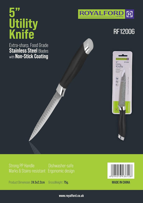 Royalford 5" Utility Knife RF12006 Kitchen Tool Stainless Steel with Non Stick coating Food Grade Easy Knife Set Dishwasher Safe - Al Kabayel Discount CentreRoyalford 5" Utility Knife RF12006 Kitchen Tool Stainless Steel with Non Stick coating Food Grade Easy Knife Set Dishwasher SafeKitchen Utensils & GadgetsROYALFORDAl Kabayel Discount Centre