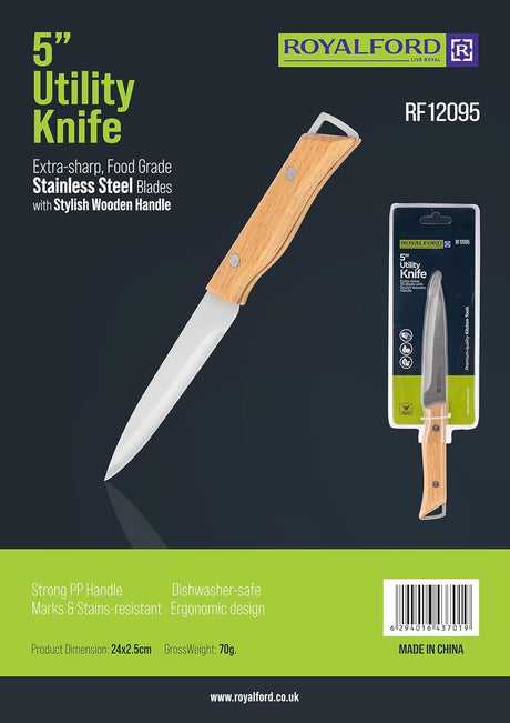 Royalford 5" Utility Knife RF12095 Stainless Steel Blades with Wooden Handle Food Grade Dishwasher Safe Kitchen Tool - Al Kabayel Discount CentreRoyalford 5" Utility Knife RF12095 Stainless Steel Blades with Wooden Handle Food Grade Dishwasher Safe Kitchen ToolKitchen Utensils & GadgetsROYALFORDAl Kabayel Discount Centre