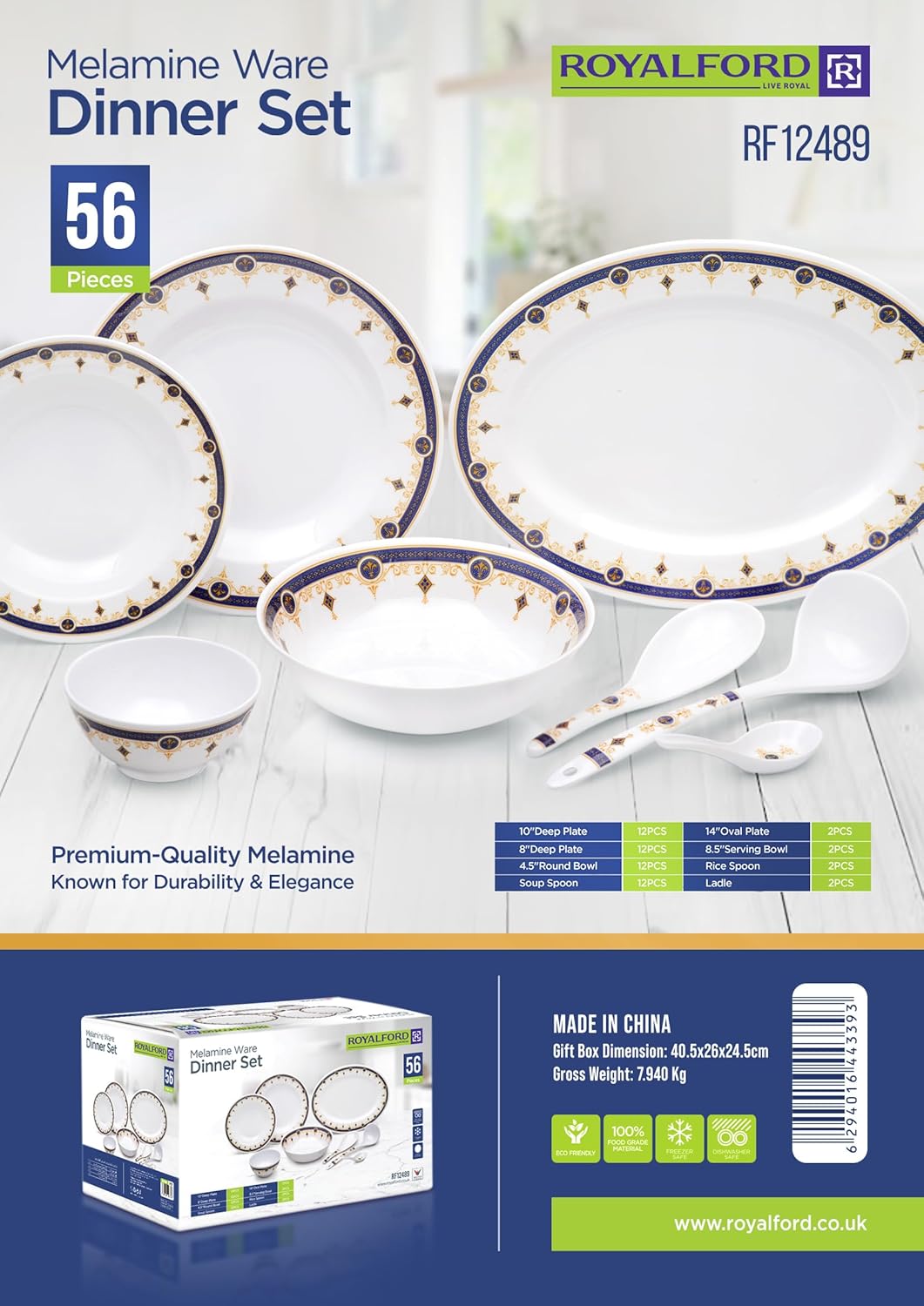 Royalford 56-Piece Melamine Ware Dinner Set RF12489 – Blue & Gold Elegance - Al Kabayel Discount CentreRoyalford 56-Piece Melamine Ware Dinner Set RF12489 – Blue & Gold EleganceDinnerware SetsROYALFORDAl Kabayel Discount Centre