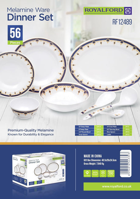 Royalford 56-Piece Melamine Ware Dinner Set RF12489 – Blue & Gold Elegance - Al Kabayel Discount CentreRoyalford 56-Piece Melamine Ware Dinner Set RF12489 – Blue & Gold EleganceDinnerware SetsROYALFORDAl Kabayel Discount Centre