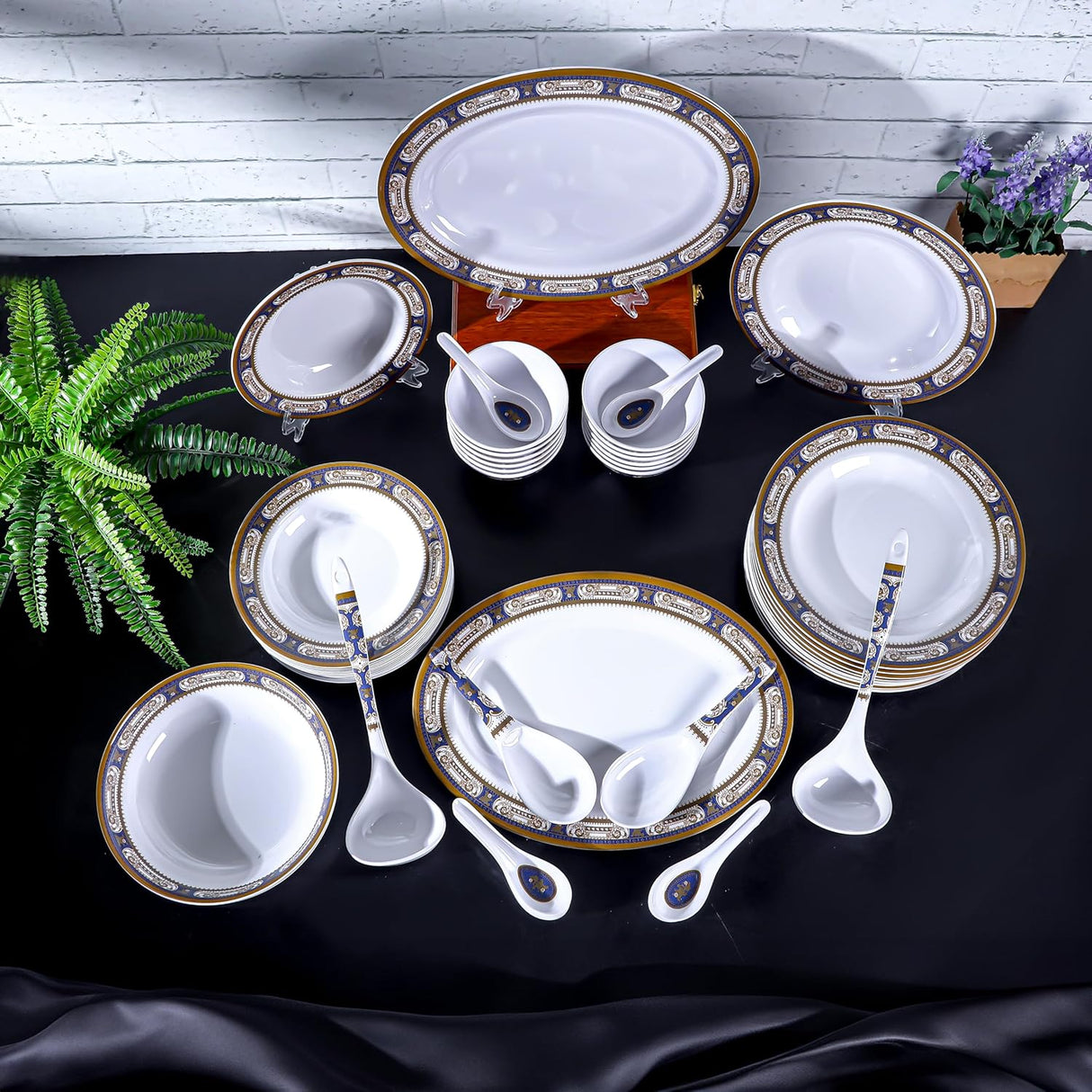 Royalford 56-Piece Melamine Ware Dinner Set RF12489 – Blue & Gold Elegance - Al Kabayel Discount CentreRoyalford 56-Piece Melamine Ware Dinner Set RF12489 – Blue & Gold EleganceDinnerware SetsROYALFORDAl Kabayel Discount Centre