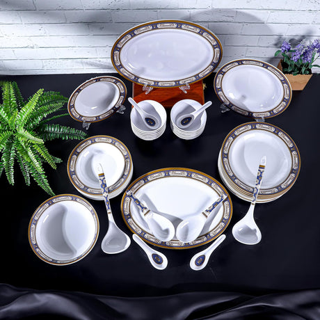Royalford 56-Piece Melamine Ware Dinner Set RF12489 – Blue & Gold Elegance - Al Kabayel Discount CentreRoyalford 56-Piece Melamine Ware Dinner Set RF12489 – Blue & Gold EleganceDinnerware SetsROYALFORDAl Kabayel Discount Centre