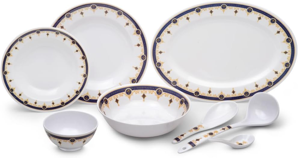 Royalford 56-Piece Melamine Ware Dinner Set RF12489 – Blue & Gold Elegance - Al Kabayel Discount CentreRoyalford 56-Piece Melamine Ware Dinner Set RF12489 – Blue & Gold EleganceDinnerware SetsROYALFORDAl Kabayel Discount Centre
