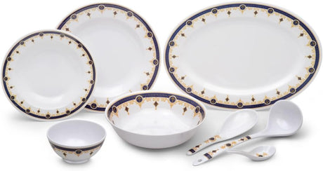 Royalford 56-Piece Melamine Ware Dinner Set RF12489 – Blue & Gold Elegance - Al Kabayel Discount CentreRoyalford 56-Piece Melamine Ware Dinner Set RF12489 – Blue & Gold EleganceDinnerware SetsROYALFORDAl Kabayel Discount Centre