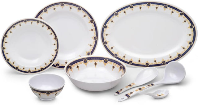Royalford 56-Piece Melamine Ware Dinner Set RF12489 – Blue & Gold Elegance - Al Kabayel Discount CentreRoyalford 56-Piece Melamine Ware Dinner Set RF12489 – Blue & Gold EleganceDinnerware SetsROYALFORDAl Kabayel Discount Centre