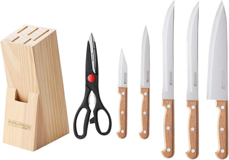 Royalford 7 - Piece Knife Set with Wooden Block – Stainless Steel Blades & Wooden Handles (RF12265) - Al Kabayel Discount CentreRoyalford 7 - Piece Knife Set with Wooden Block – Stainless Steel Blades & Wooden Handles (RF12265)Knife & Knife SetsROYALFORDAl Kabayel Discount Centre