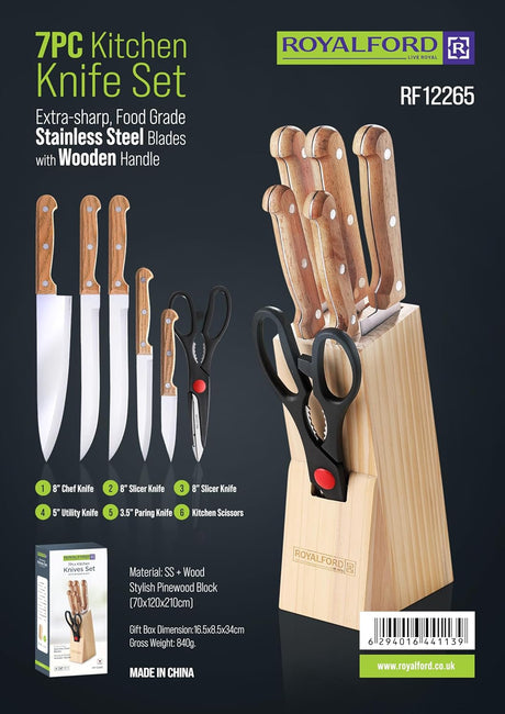 Royalford 7 - Piece Knife Set with Wooden Block – Stainless Steel Blades & Wooden Handles (RF12265) - Al Kabayel Discount CentreRoyalford 7 - Piece Knife Set with Wooden Block – Stainless Steel Blades & Wooden Handles (RF12265)Knife & Knife SetsROYALFORDAl Kabayel Discount Centre