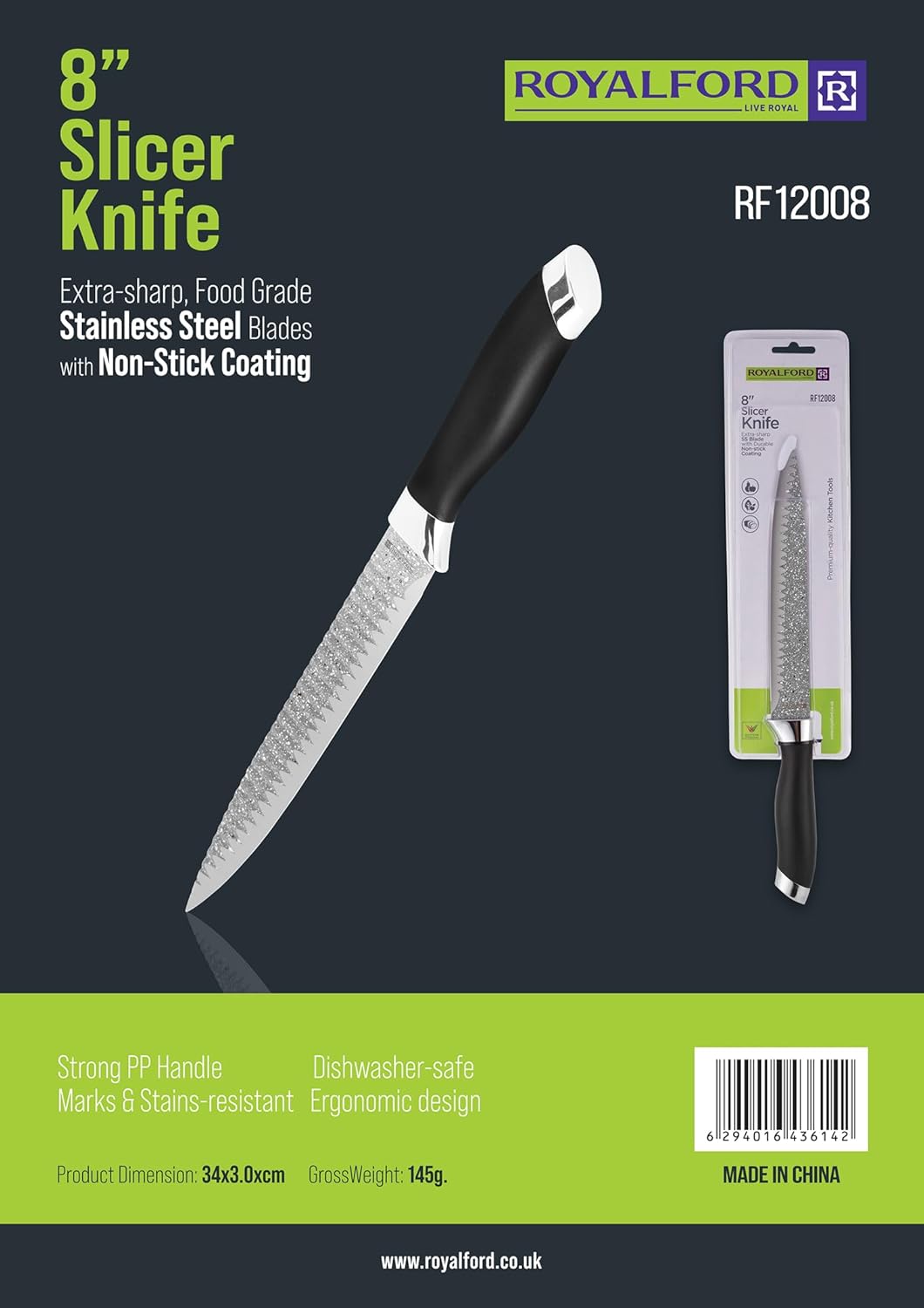 Royalford 8" Slicer Knife RF12008 Stainless Steel Food Grade Blade with Non Stick Coating Dishwasher Safe - Al Kabayel Discount CentreRoyalford 8" Slicer Knife RF12008 Stainless Steel Food Grade Blade with Non Stick Coating Dishwasher SafeKitchen Utensils & GadgetsROYALFORDAl Kabayel Discount Centre
