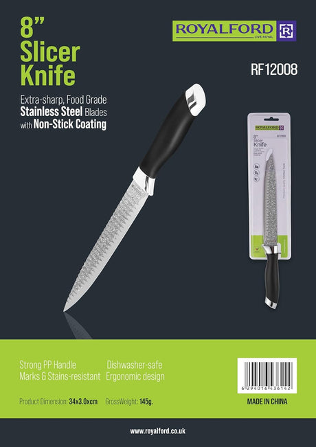 Royalford 8" Slicer Knife RF12008 Stainless Steel Food Grade Blade with Non Stick Coating Dishwasher Safe - Al Kabayel Discount CentreRoyalford 8" Slicer Knife RF12008 Stainless Steel Food Grade Blade with Non Stick Coating Dishwasher SafeKitchen Utensils & GadgetsROYALFORDAl Kabayel Discount Centre