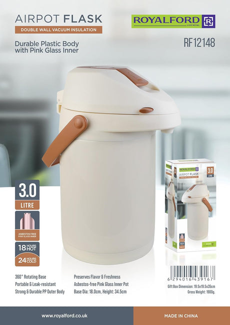 Royalford Airpot Vaccum Flask 3000ml, Double Wall Vaccum Insulation, 18Hrs Hot & 24Hrs Cold, Off White - RF12148 - Al Kabayel Discount CentreRoyalford Airpot Vaccum Flask 3000ml, Double Wall Vaccum Insulation, 18Hrs Hot & 24Hrs Cold, Off White - RF12148ThermosROYALFORDAl Kabayel Discount Centre