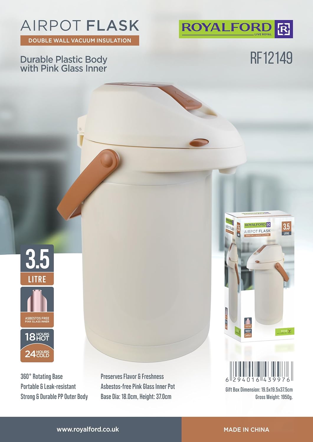 Royalford Airpot Vaccum Flask 3500ml, Double Wall Vaccum Insulation, 18Hrs Hot & 24Hrs Cold, Off White - RF12149 - Al Kabayel Discount CentreRoyalford Airpot Vaccum Flask 3500ml, Double Wall Vaccum Insulation, 18Hrs Hot & 24Hrs Cold, Off White - RF12149ThermosROYALFORDAl Kabayel Discount Centre