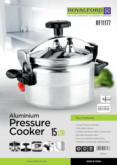 Royalford Aluminium Alloy Pressure Cooker 15 Liter, Silver - RF11177 - Al Kabayel Discount CentreRoyalford Aluminium Alloy Pressure Cooker 15 Liter, Silver - RF11177Pressure CookersROYALFORDAl Kabayel Discount Centre