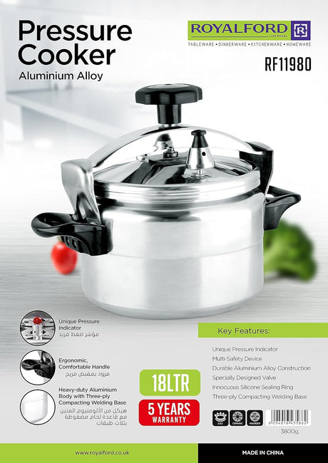 Royalford Aluminium Alloy Pressure Cooker 18 Liter, Equipped with Multi - Safety Device and Unique Pressure Indicator, Silver - RF11980 - Al Kabayel Discount CentreRoyalford Aluminium Alloy Pressure Cooker 18 Liter, Equipped with Multi - Safety Device and Unique Pressure Indicator, Silver - RF11980Pressure CookersROYALFORDAl Kabayel Discount Centre
