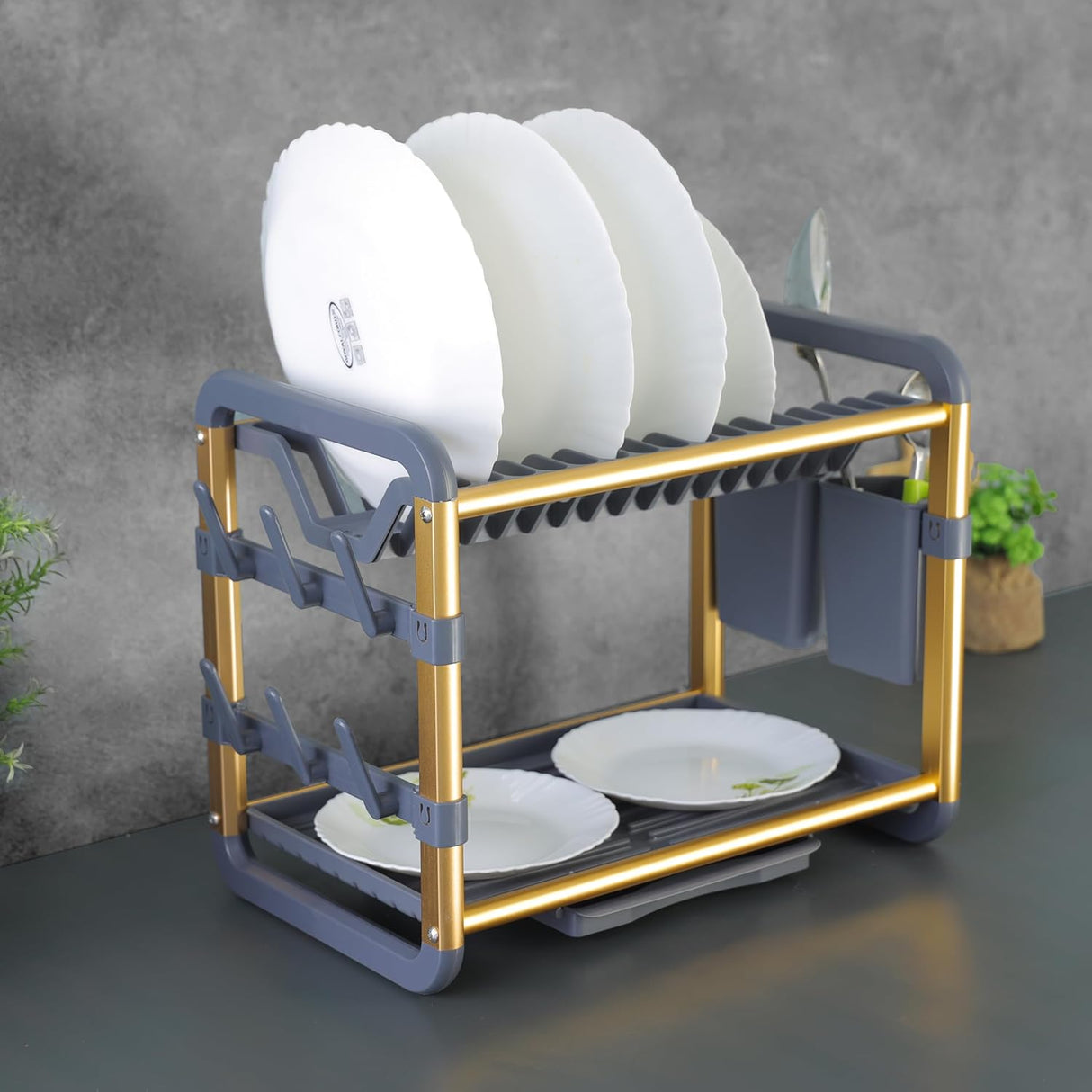 Royalford Dish Drying Stand with Drainer RF12587 Large 2 Tiers Kitchen Dish rack with Holder Utensils Holder and Cup Holder Baking paint Process Coatings 16 Plates Holder Strong Aluminum Easy Assemble - 48.5cmX34cmX26.5cm - Al Kabayel Discount CentreRoyalford Dish Drying Stand with Drainer RF12587 Large 2 Tiers Kitchen Dish rack with Holder Utensils Holder and Cup Holder Baking paint Process Coatings 16 Plates Holder Strong Aluminum Easy Assemble - 48.5cmX34cmX26.5cmOrganizers & AccessoriesROYAL