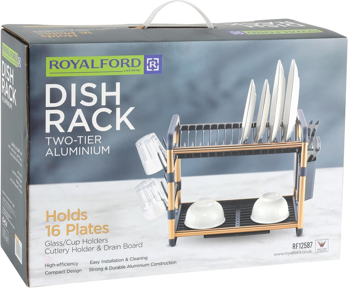 Royalford Dish Drying Stand with Drainer RF12587 Large 2 Tiers Kitchen Dish rack with Holder Utensils Holder and Cup Holder Baking paint Process Coatings 16 Plates Holder Strong Aluminum Easy Assemble - 48.5cmX34cmX26.5cm - Al Kabayel Discount CentreRoyalford Dish Drying Stand with Drainer RF12587 Large 2 Tiers Kitchen Dish rack with Holder Utensils Holder and Cup Holder Baking paint Process Coatings 16 Plates Holder Strong Aluminum Easy Assemble - 48.5cmX34cmX26.5cmOrganizers & AccessoriesROYAL