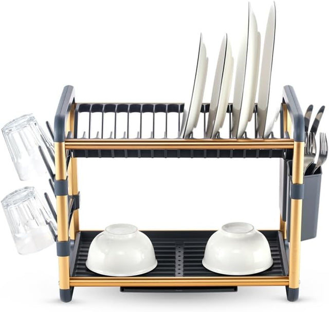 Royalford Dish Drying Stand with Drainer RF12587 Large 2 Tiers Kitchen Dish rack with Holder Utensils Holder and Cup Holder Baking paint Process Coatings 16 Plates Holder Strong Aluminum Easy Assemble - 48.5cmX34cmX26.5cm - Al Kabayel Discount CentreRoyalford Dish Drying Stand with Drainer RF12587 Large 2 Tiers Kitchen Dish rack with Holder Utensils Holder and Cup Holder Baking paint Process Coatings 16 Plates Holder Strong Aluminum Easy Assemble - 48.5cmX34cmX26.5cmOrganizers & AccessoriesROYAL