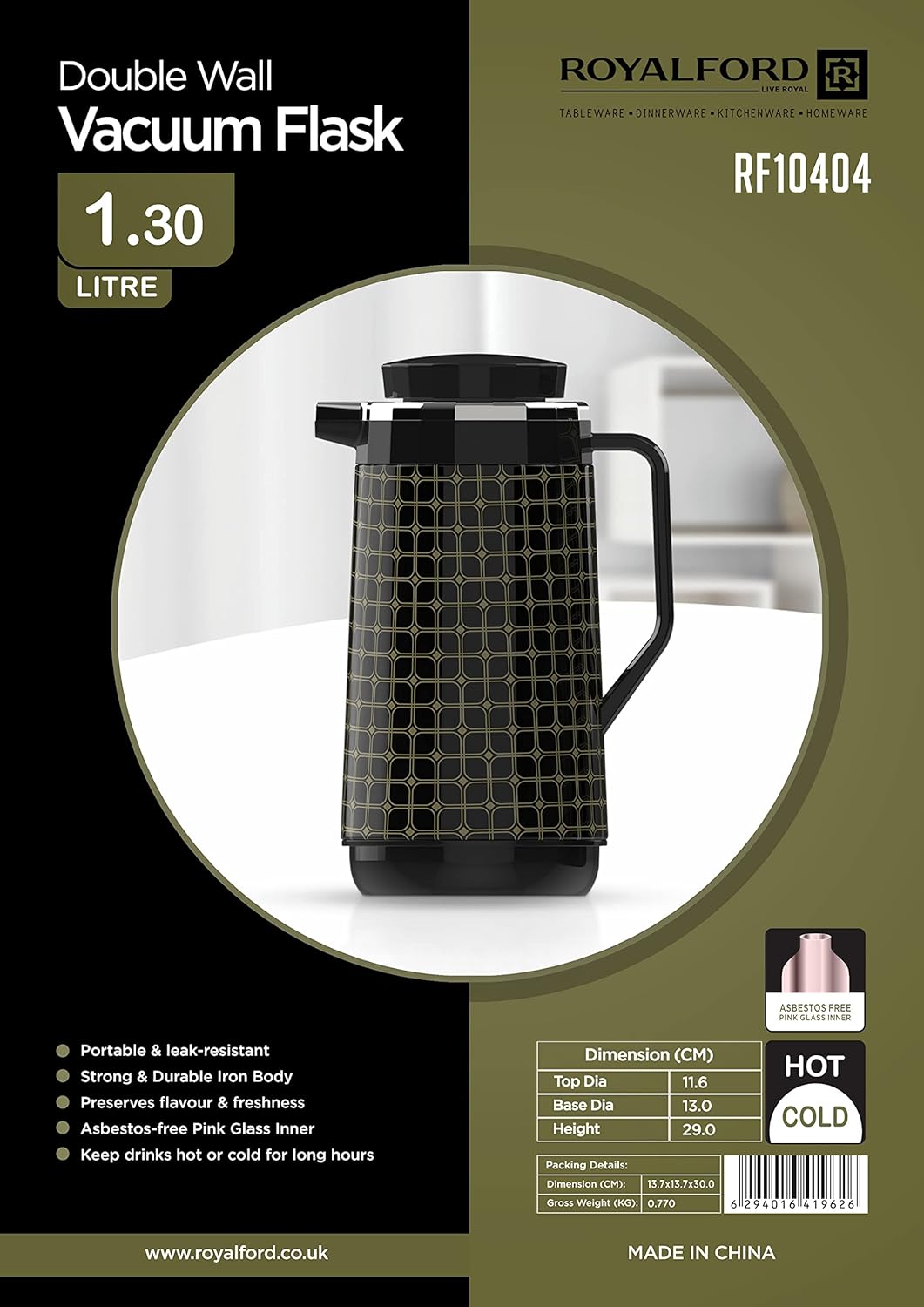 Royalford Double Wall Vaccum Flask 1.3 Liter, Asbestos Free, Pink Glass inner, Strong & Durable Design, Portable & Leak Resistant - RF10404 - Al Kabayel Discount CentreRoyalford Double Wall Vaccum Flask 1.3 Liter, Asbestos Free, Pink Glass inner, Strong & Durable Design, Portable & Leak Resistant - RF10404ThermosROYALFORDAl Kabayel Discount Centre