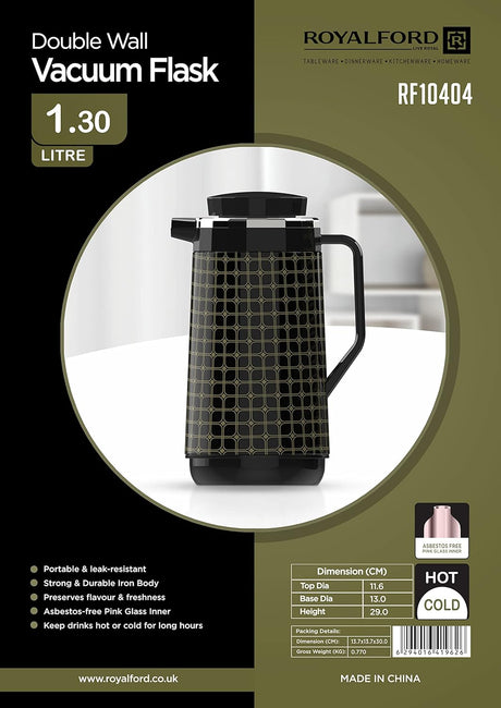 Royalford Double Wall Vaccum Flask 1.3 Liter, Asbestos Free, Pink Glass inner, Strong & Durable Design, Portable & Leak Resistant - RF10404 - Al Kabayel Discount CentreRoyalford Double Wall Vaccum Flask 1.3 Liter, Asbestos Free, Pink Glass inner, Strong & Durable Design, Portable & Leak Resistant - RF10404ThermosROYALFORDAl Kabayel Discount Centre