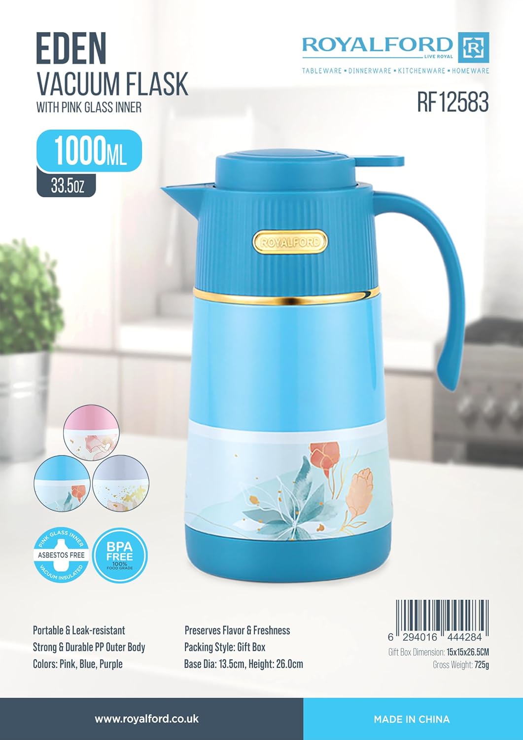 Royalford Eden Vaccum Flask 1000ml, Pink Glass Inner, Asbestos Free, Blue - RF12583 - Al Kabayel Discount CentreRoyalford Eden Vaccum Flask 1000ml, Pink Glass Inner, Asbestos Free, Blue - RF12583THERMOSROYALFORDAl Kabayel Discount Centre