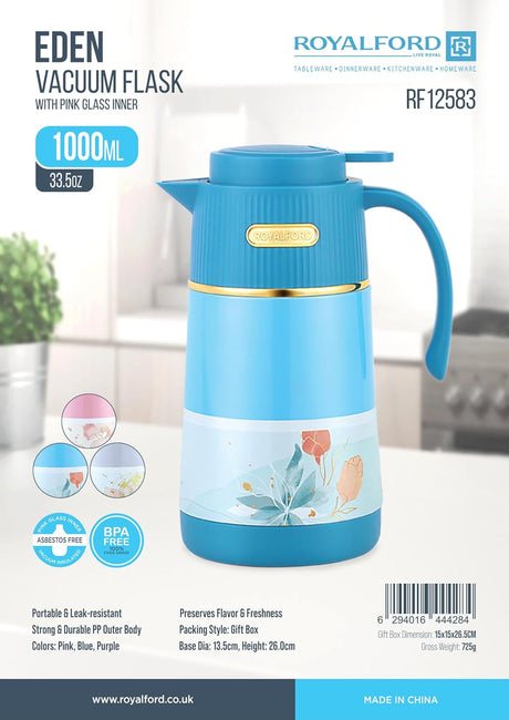 Royalford Eden Vaccum Flask 1000ml, Pink Glass Inner, Asbestos Free, Blue - RF12583 - Al Kabayel Discount CentreRoyalford Eden Vaccum Flask 1000ml, Pink Glass Inner, Asbestos Free, Blue - RF12583THERMOSROYALFORDAl Kabayel Discount Centre