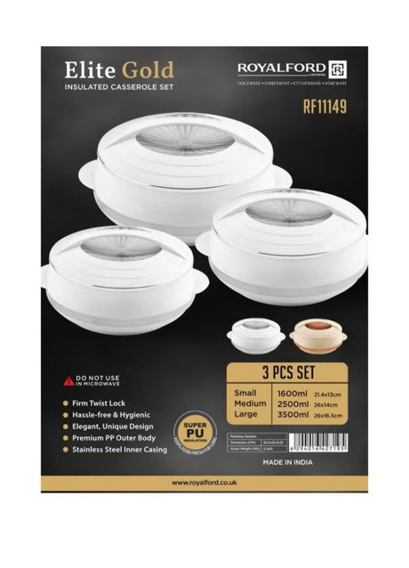 ROYALFORD Elite Gold Insulated Casserole 3pcs Set(1600ml, 2500ml, 3500ml), White and Silver - Al Kabayel Discount CentreROYALFORD Elite Gold Insulated Casserole 3pcs Set(1600ml, 2500ml, 3500ml), White and SilverCasseroles & Stock PotsAl Kabayel Discount CentreAl Kabayel Discount Centre