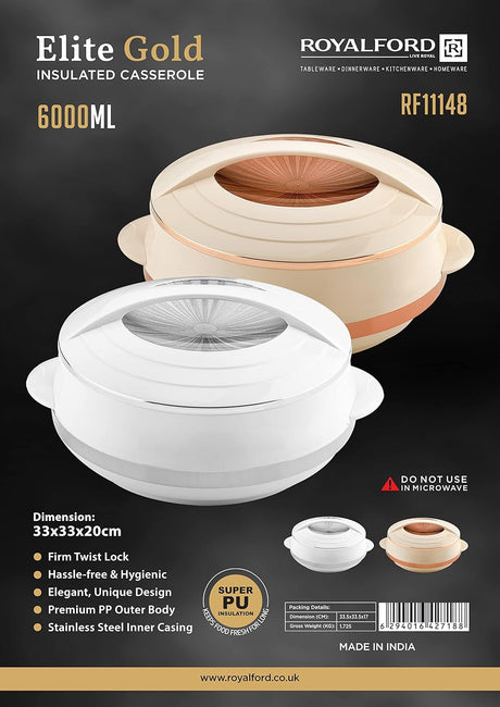 Royalford Elite Gold Series 6000ML Insulated Casserole RF11148 – Premium Cream Finish for Hot & Cold Food Preservation - Al Kabayel Discount CentreRoyalford Elite Gold Series 6000ML Insulated Casserole RF11148 – Premium Cream Finish for Hot & Cold Food PreservationCasserolesROYALFORDAl Kabayel Discount Centre